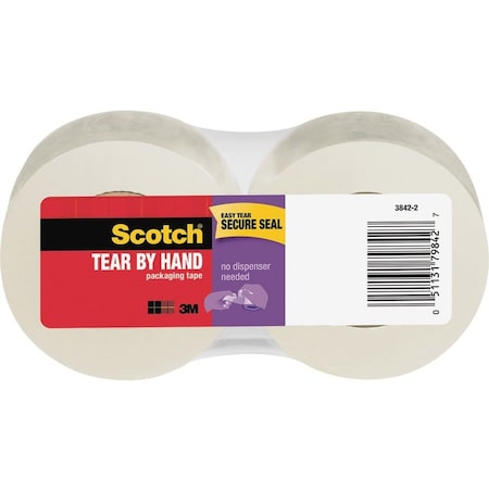 Scotch Packaging Tape, Tear-By-Hand, 1-7/8"x50Yds, 1-1/2" Core, 2/PK, CL 12PK MMM38422